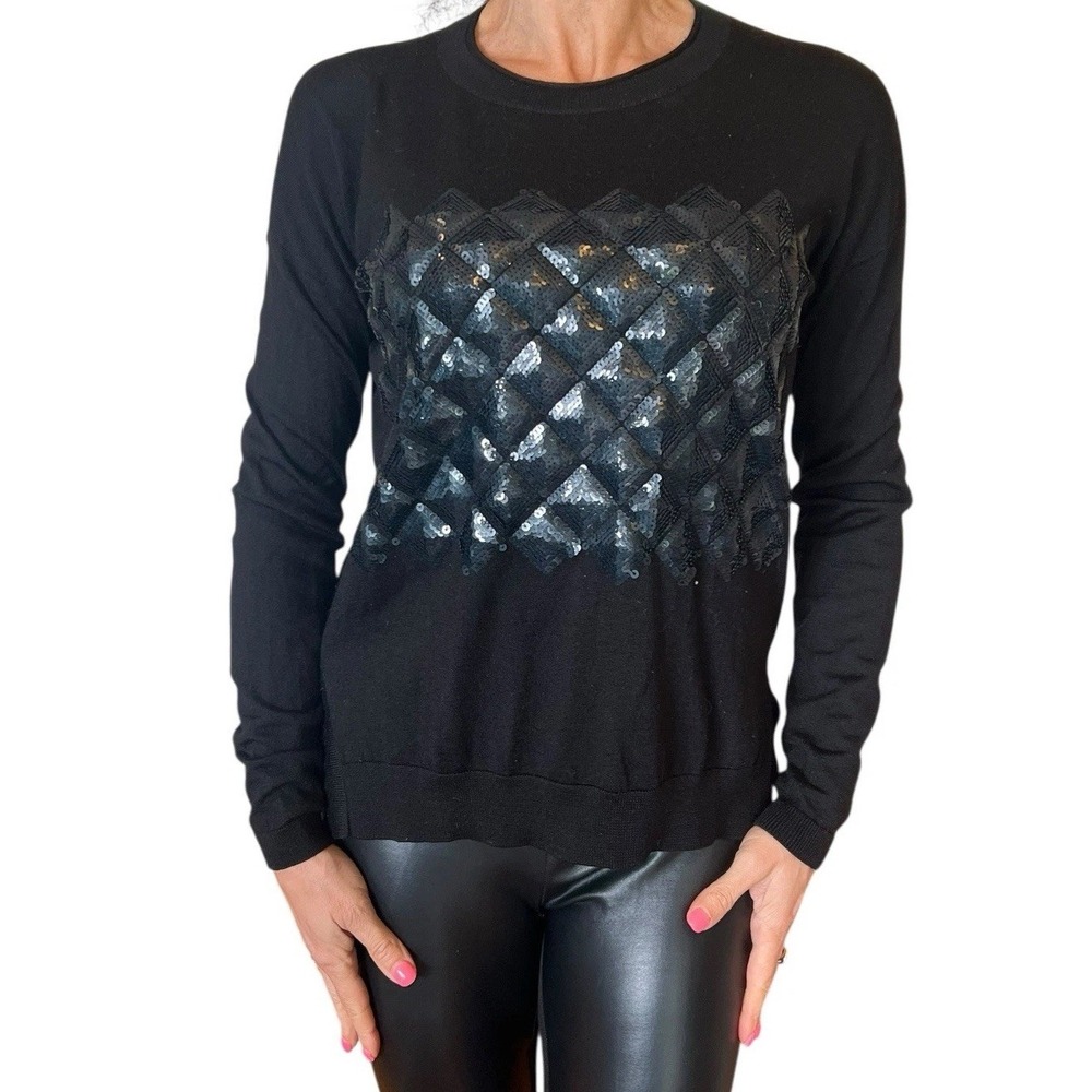 KAREN MILLEN BLACK SWEATER‎ SEQUIN DIAMOND WOOL KNIT PULLOVER JUMPER XS